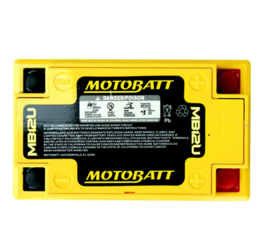 Motobatt MB12U battery, yellow case with black label