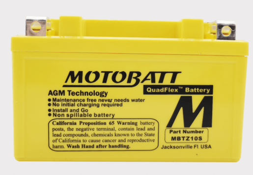Motobatt MBTZ10S yellow AGM battery with QuadFlex label