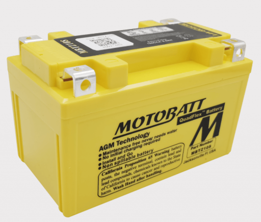 Motobatt MBTZ10S AGM battery, yellow case with terminal posts