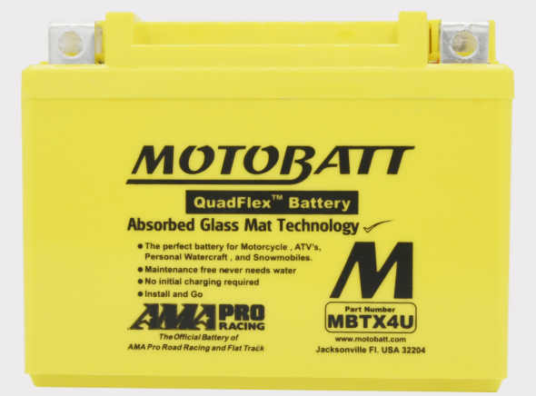 Motobatt MBTX4U battery, yellow motorcycle battery with Motobatt branding