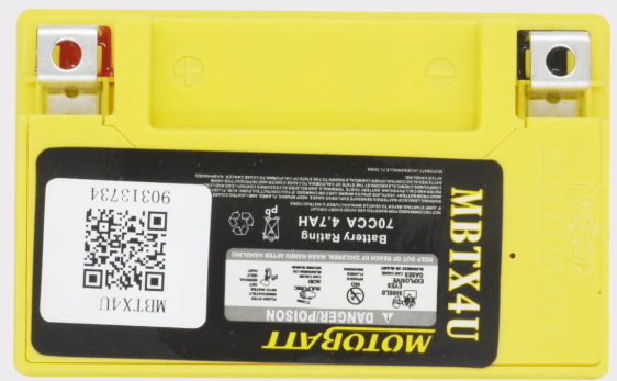 MBTX4U Motobatt battery, yellow case, DGT Agri brand.