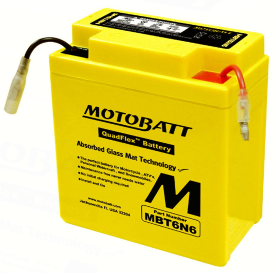 Motobatt MBT6N6 battery, yellow QuadFlex Absorbed Glass Mat technology label.