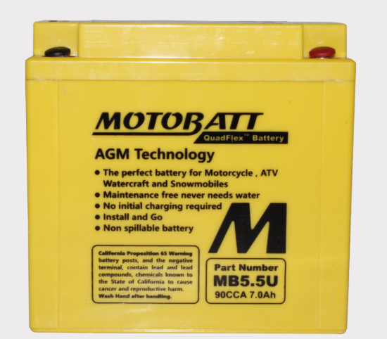 Motobatt MB5.5U battery, yellow case with black Motobatt logo and MB5.5U label.