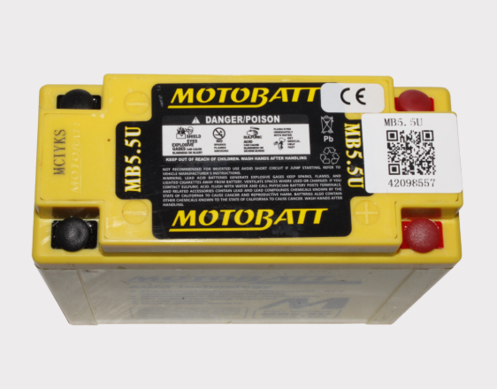 Motobatt MB5.5U motorcycle battery, yellow case with black label