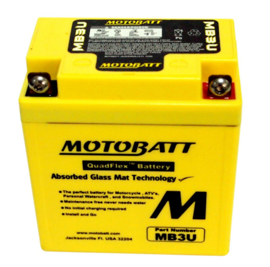 MB3U Motobatt battery, yellow AGM motorcycle battery with front label and top terminal screws.