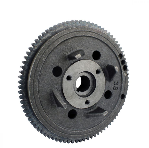 Flywheel for Polaris 400/450/500, dark gray metal gear with central bore and multiple mounting holes.
