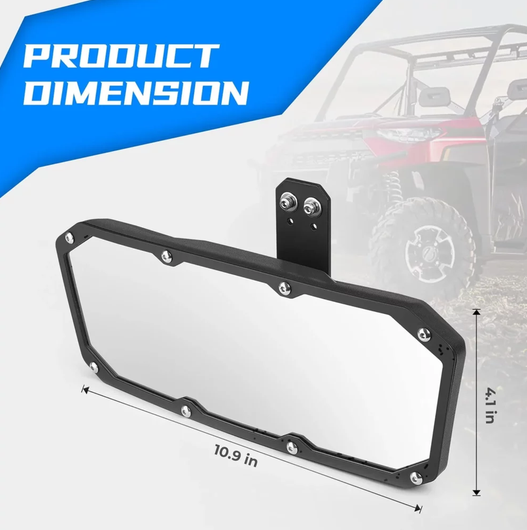 Rear View Mirror for Polaris Ranger by DGT Agri, black metal frame with mounting bracket, 10.9 in wide × 4.1 in tall.
