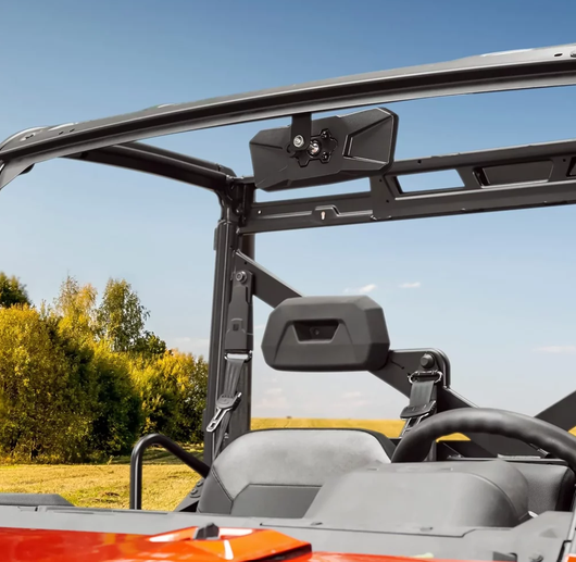 Rear View Mirror for Polaris Ranger by DGT Agri, black housing mounted inside UTV roll cage.