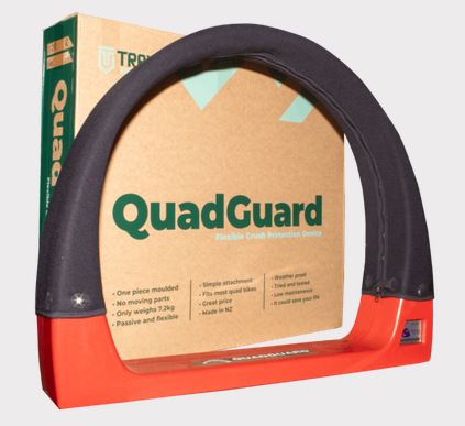 QuadGuard CPD & Mounting – Trax by DGT Agri, red base with black curved protective guard and packaging.