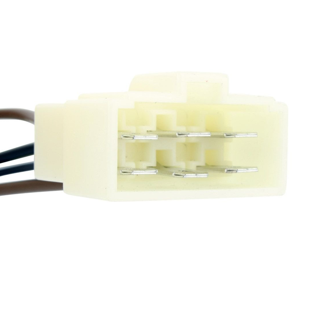 Ignition key switch connector, 6-pin white plastic housing with exposed metal pins and brown/blue wires.