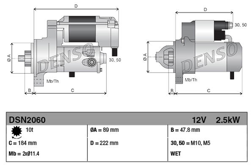 Denso gear-reduction starter motor illustration in gray metal, two views with dimension callouts.