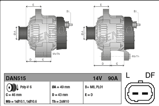 Denso 14V 90A alternator for Citroën/Peugeot/Mitsubishi; dual-view technical diagrams with mounting dimensions