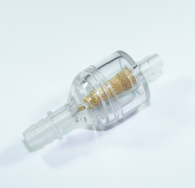 Inline fuel filter by DGT Agri; universal nylon 6mm (1/4 in), clear plastic housing with brass mesh