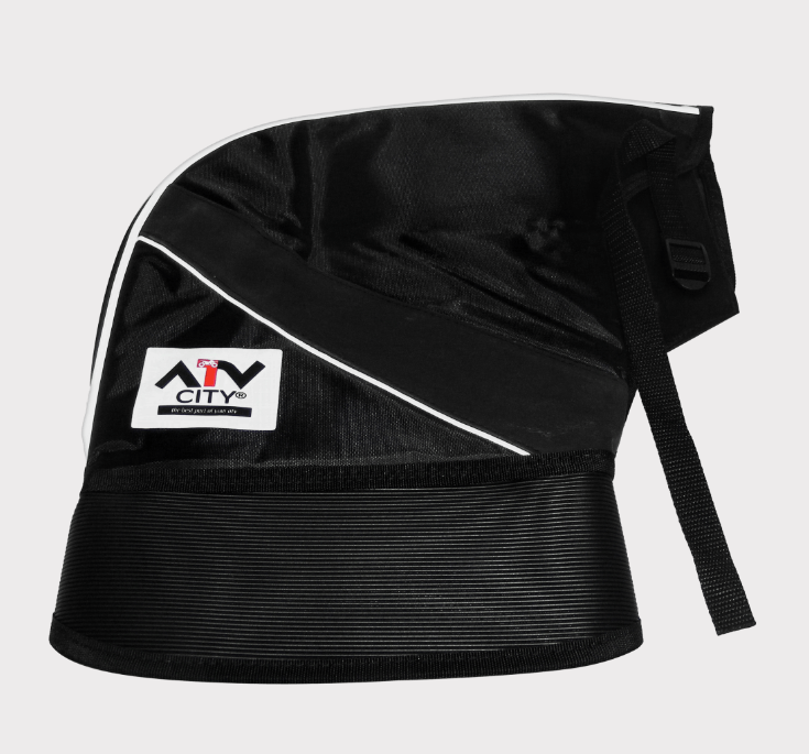 ATV City handlebar mittens, black waterproof-lined motorcycle hand guards with white piping and DGT Agri branding.