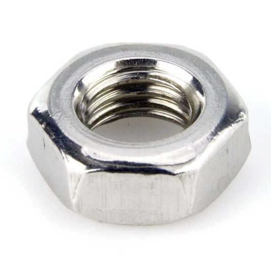 Hex nut M10 x 1.25, metal finish, close-up view of thread