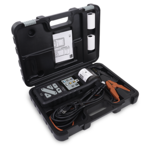 GYS PBT 720 battery tester with printer in a black carrying case, orange clamps and cables