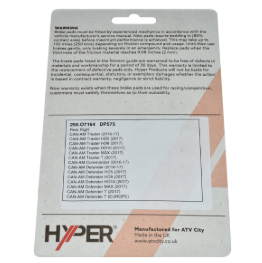 Rear right-hand brake pad set, Hyper packaging; for Can-Am Traxter/Defender/Commander/Maverick X3 UTV (ATV City).