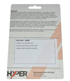 Rear-right brake pad set for Yamaha ATV YFM550/YFM700, 2007–2024; ATV City, Hyper packaging.