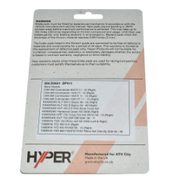 Brake pad set (Hyper by ATV City) for Kawasaki, Can-Am, Yamaha, Suzuki—front and rear, 1989–2023.