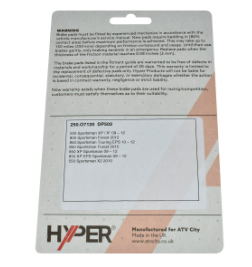 Front/rear disc brake pad set packaging for Polaris ATV by Hyper; manufactured for ATV City.