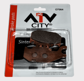 ATV City Front/Rear Disc Brake Pad Set for Bombardier/Can-Am/Polaris/John Deere Buck ATVs with brown friction pads in blister packaging