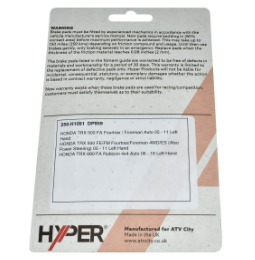 Front left-hand disc brake pad set for Honda ATV/UTV; Hyper brand on ATV City packaging.
