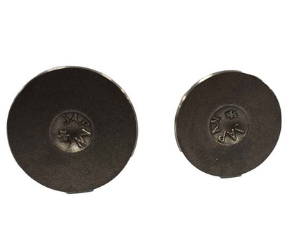 Engine valve pair, dark metal with stamped head markings, two valves