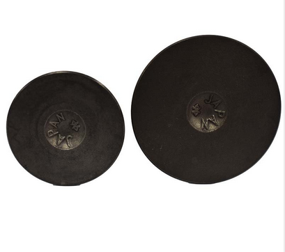 Engine valves pair in dark metal; two circular valve components