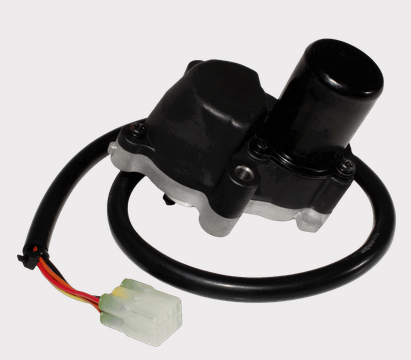 Differential actuator for Kawasaki Brute Force ATV; black motor housing with wiring harness and white plug.