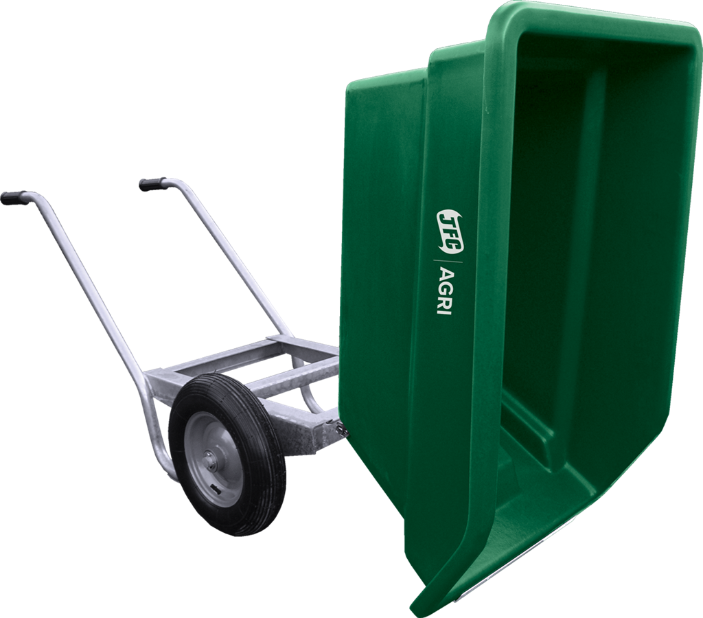 JFC Agri 250L tipping wheelbarrow with green polyethylene tub and pneumatic front wheel