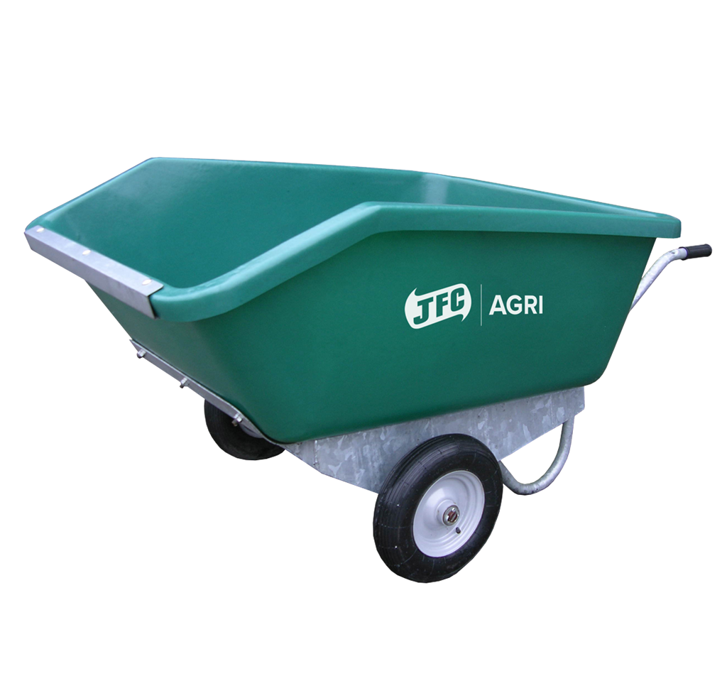 JFC Agri 500L tipping wheelbarrow, green with two pneumatic wheels