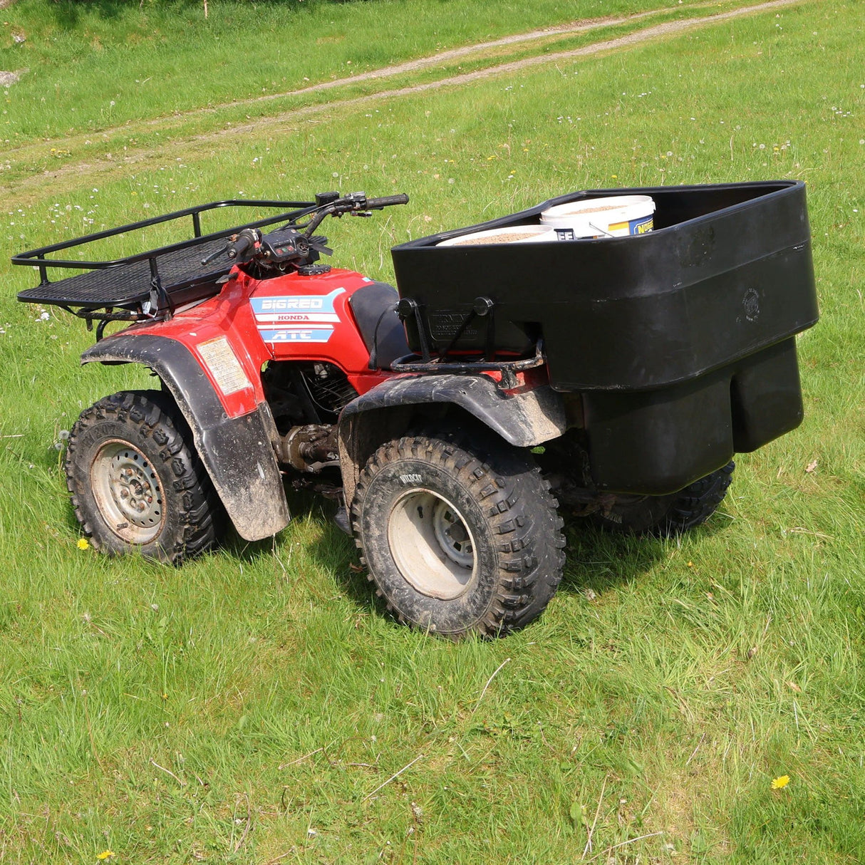 ATV deep carrier box, 250L capacity, heavy-duty black universal-fit storage on red ATV.