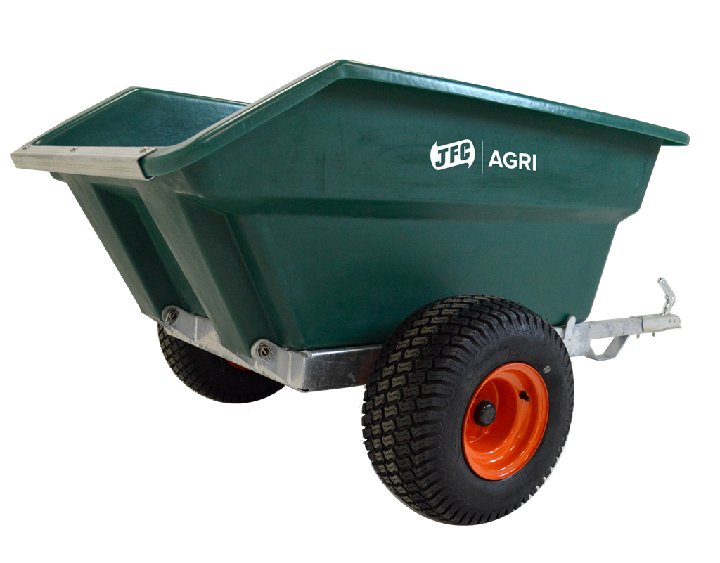 JFC Agri ATV tipping trailer, green with galvanised frame, orange wheel, 400L capacity for ATV compatibility and farm tasks