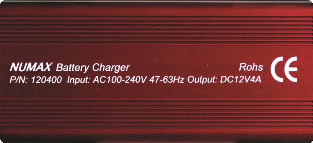 Numax battery charger, red unit for JFC Agri Milk Kart with DC12V 4A output