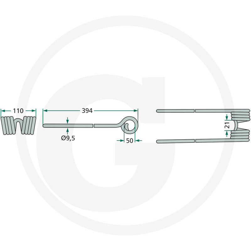 Granit rotary tedder tine, pack of 10; technical diagram shows 394 mm length and Ø9.5 mm diameter