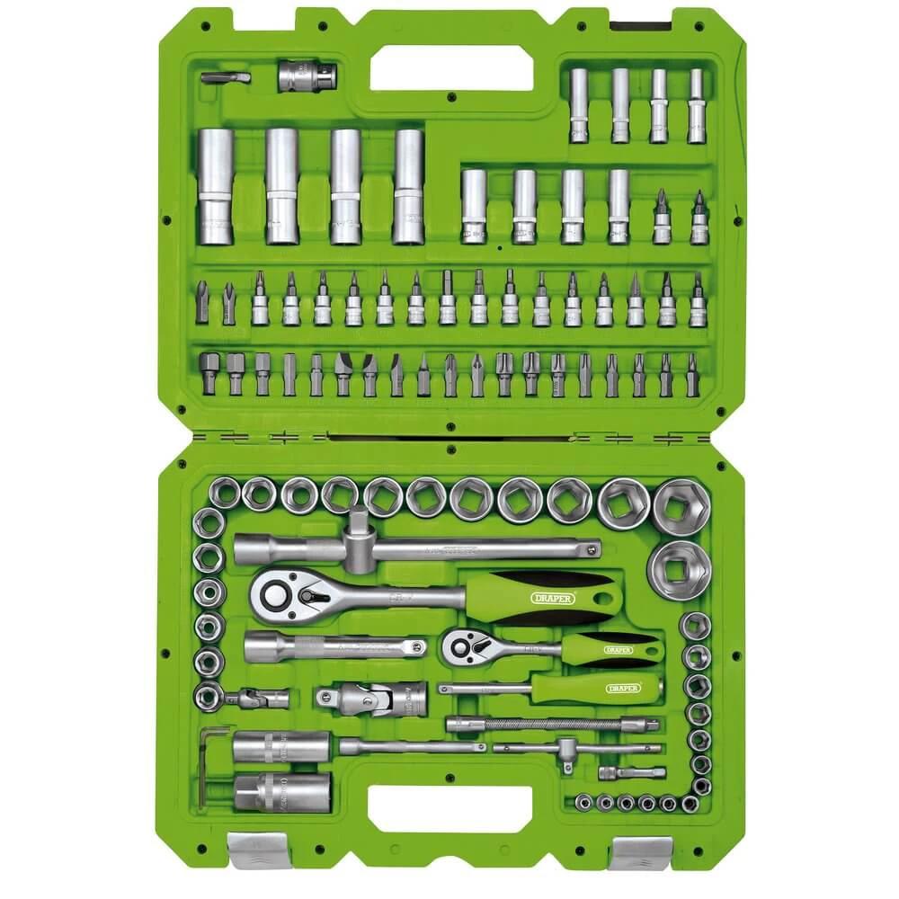 Draper HI-TORQ 100-Piece Tool Kit in green case with 1/4 and 1/2 drive sockets and 72-tooth ratchets