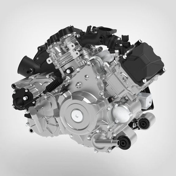 CFMOTO ATV engine block with silver finish and V-twin layout.