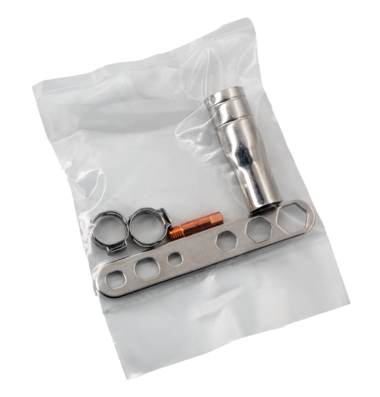 GYS EasyMIG 130 welder accessory kit in plastic bag, includes copper contact tip, metal connectors, and mounting plate