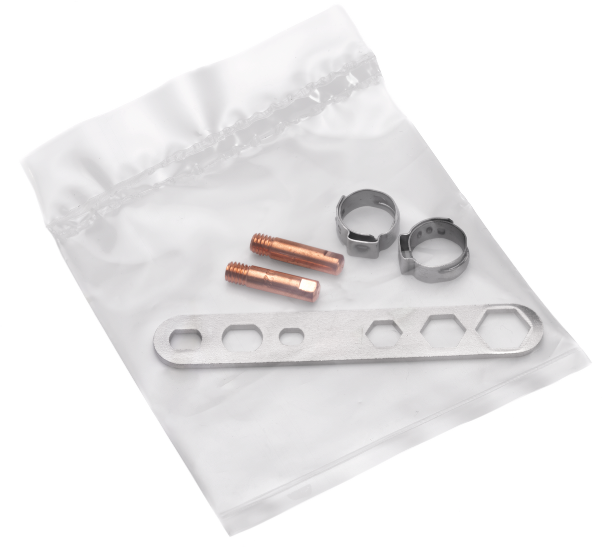 Copper pipe fittings and metal hose clamps in a white plastic bag