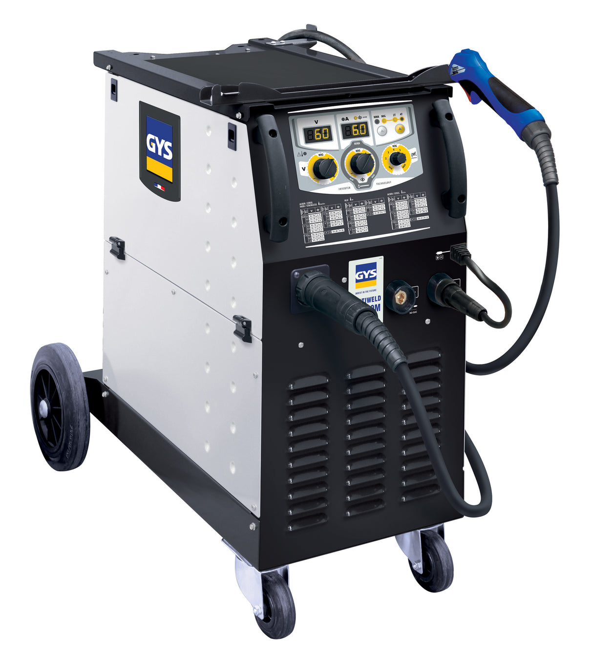 GYS Multiweld FV 220M welder on a wheeled cart with blue welding torch