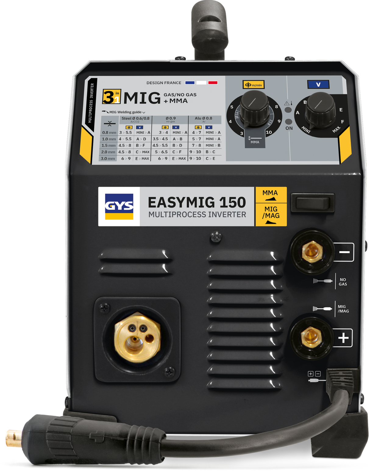GYS EasyMIG 150 welder with accessories, front panel view showing control knobs, logo and cable connectors.