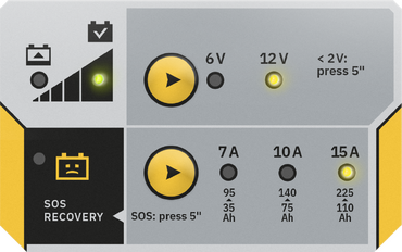 BATIUM 15.12 UK charger by GYS; gray/yellow general purpose charger for 6V/12V automotive batteries with 7A/10A/15A