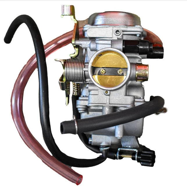 Hyper Carburetor Assembly for Kawasaki KLF300B 2x4 & KLF300C 4x4; complete ATV carburetor with hoses, silver body