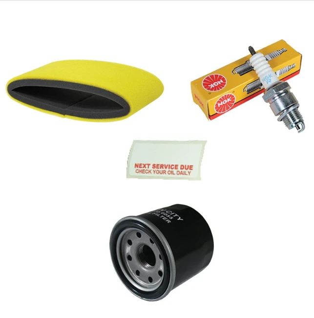 Kawasaki KVF 750i service kit by ATV City: yellow foam air filter, NGK spark plug, oil filter