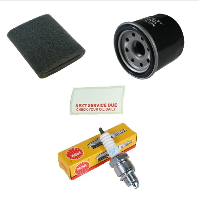 Yamaha YFM450 Grizzly service kit for 2007–2014: 4-item set with air filter, oil filter, spark plug, and reminder card.