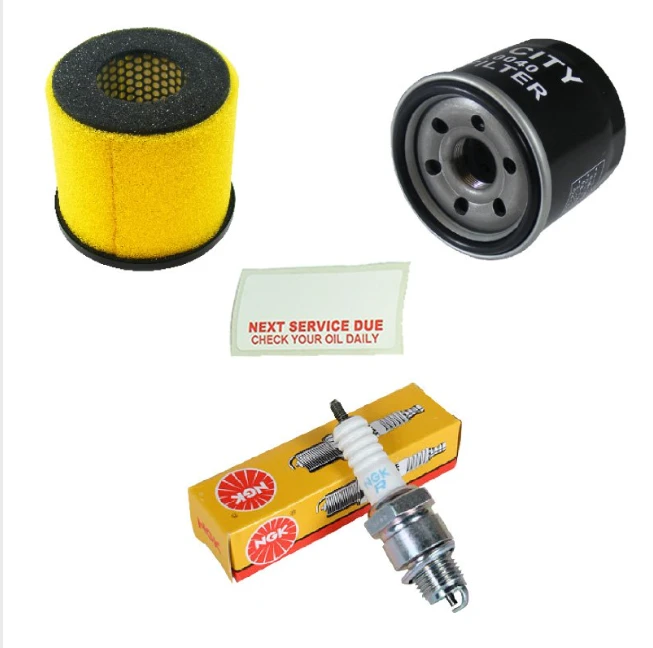 Suzuki KingQuad service kit up to 2013 with air and oil filters, spark plug, and service sticker