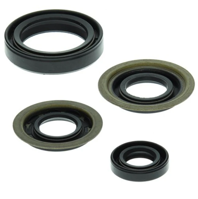 Engine oil seal kit for Yamaha Timberwolf ATV by ATV City; set of 4 black rubber seals with bronze rings.