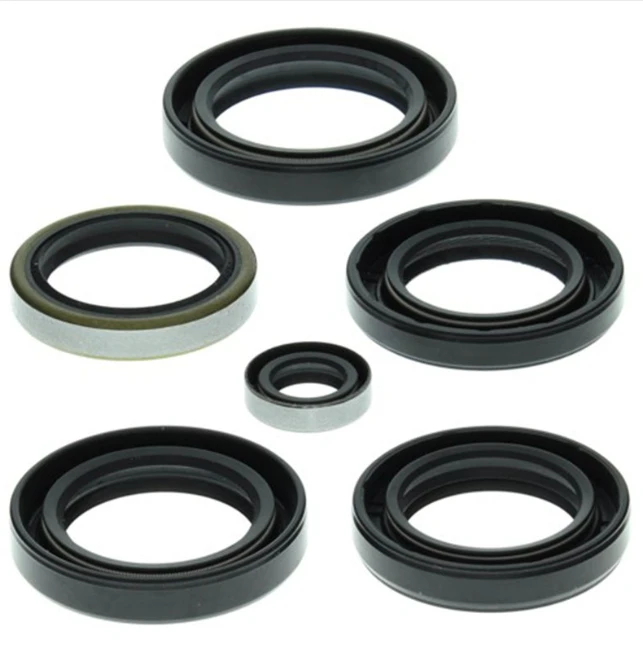 7-piece black engine oil seal kit for Kawasaki KVF 360 by ATV City; OEM-equivalent seals for engine and transmission rebuild