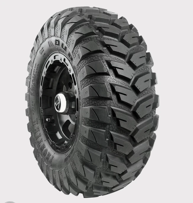 Duro Frontier DI-2037 27x11x12 ATV/UTV tire on black rim with rugged mud-terrain tread