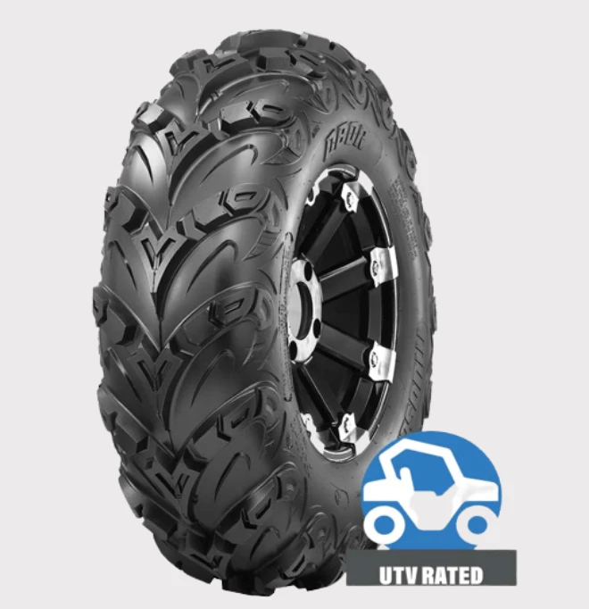 OBOR WU05 Mudsling ATV tyre, 24x8x12, 8-ply, rugged mud-terrain tread on black wheel, UTV rated